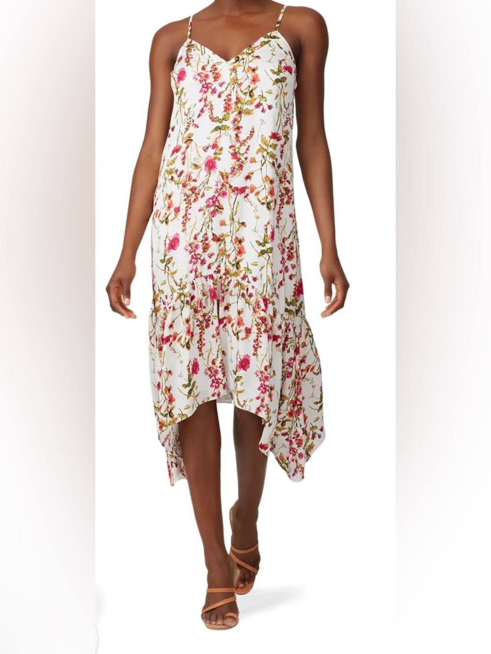 Great Jones White Floral Scarf Hem Midi Slip Dress: Size Small